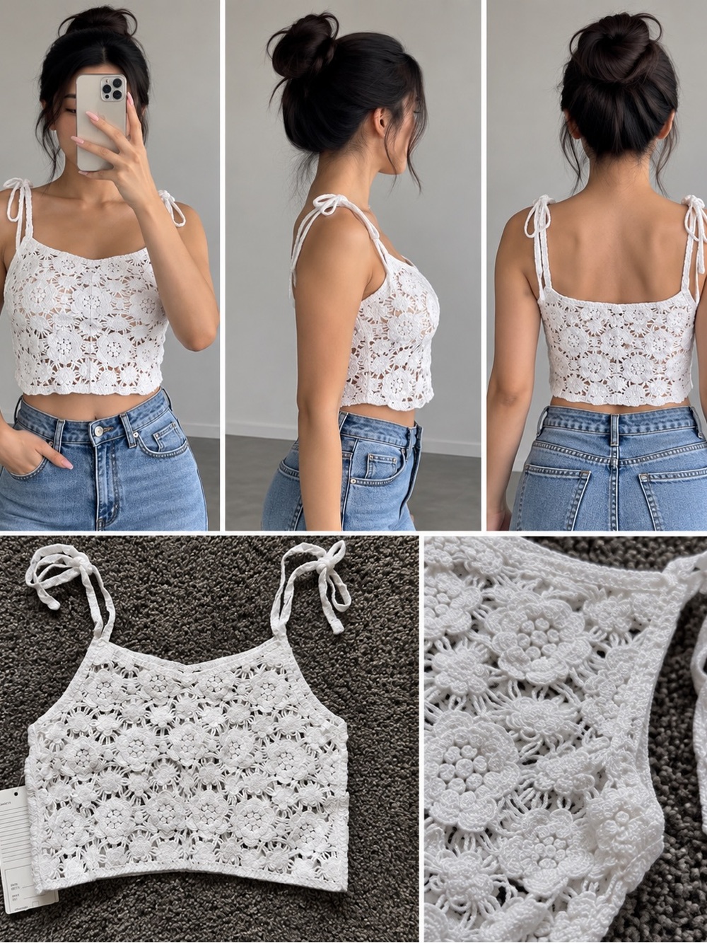 White Crochet Tie-Strap Crop Top